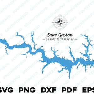 Lago Gaston Carolina del Norte Mapa Forma Contorno Silueta svg png dxf pdf eps vector diseño gráfico corte grabado archivo láser imagen barco casa