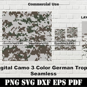 Könnte beinhalten: Digitales Tarnmuster in drei Farben: Grau, Braun und Grün. Das Muster ist nahtlos und kann für verschiedene Projekte verwendet werden. Das Bild enthält den Text "Digital Camo 3 Color German Tropic Seamless" und "PNG SVG DXF EPS PDF".