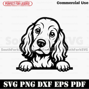 Puede incluir: Ilustración en blanco y negro de un perro con orejas caídas y patas, con el texto "SVG PNG DXF EPS PDF" en la parte inferior. La imagen también incluye el texto "Commercial Use" y "Perfect for Lasers!"