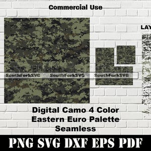Puede incluir: Patrón de camuflaje digital en cuatro colores, con un esquema de color verde, marrón, negro y blanco. El patrón es sin costuras y está etiquetado como "Digital Camo 4 Color Eastern Euro Palette Seamless".