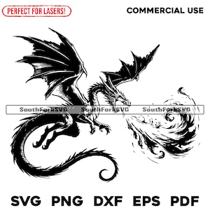May include: Black and white silhouette of a dragon breathing fire. The dragon has wings, a long tail, and a fierce expression.