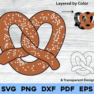 Op de afbeelding: Een bruine pretzel met witte besprenkeling, gelaagd per kleur, en een transparant ontwerp. SVG, PNG, DXF, PDF, EPS.