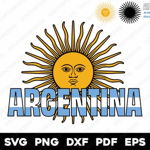 Puede incluir: Un diseño gráfico con el sol con una cara, un sol estilizado y la palabra "ARGENTINA" en rayas azules y blancas. El diseño está sobre un fondo blanco.