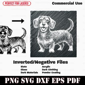 May include: Black and white line art illustration of a dachshund dog with a happy expression. The image is on a dark slate background. The text "Inverted/Negative Files" is below the image. The text "Slate, Glass, Dark Materials" is below the text "Inverted/Negative Files". The text "Acrylic, Dark Clothing, Powder Coating" is below the text "Slate, Glass, Dark Materials". The text "PNG SVG DXF EPS PDF" is below the text "Acrylic, Dark Clothing, Powder Coating".