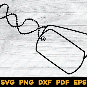 May include: Black and white outline of a dog tag with a chain. The dog tag is blank and has a rounded top and bottom.