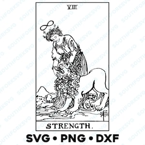 La carta del tarot de fuerza Mayor Arcana Rider Waite Deck SVG PNG DXF Fondo transparente / Imagen de diseño gráfico vectorial adivinatorio