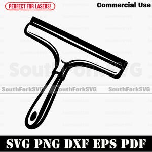 Op de afbeelding: Zwart-wit afbeelding van een raamwisser met een handvat. De afbeelding bevat de tekst "Commercial Use" en "SVG PNG DXF EPS PDF". De tekst "Perfect for Lasers!" is ook aanwezig.