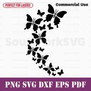 May include: A black silhouette of a group of butterflies arranged in a curved shape. The butterflies are of varying sizes and are all facing the same direction. The image is on a white background.
