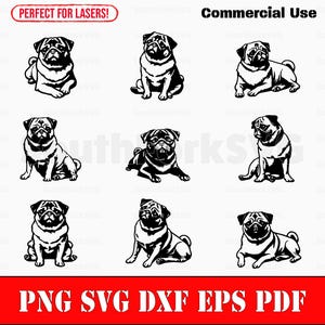 Pacchetto semplice Pug svg png dxf eps pdf / file di taglio grafico vettoriale clip art laser / download digitale immediato uso commerciale