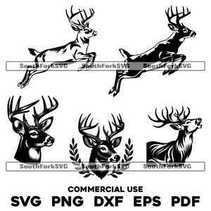 May include: A set of five black and white vector illustrations of deer. The deer are in various poses, including running, standing, and looking to the side. The illustrations are suitable for use in crafting projects, scrapbooking, and other creative endeavors.
