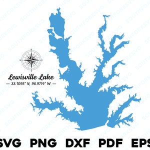 May include: A blue outline of Lewisville Lake, Texas, with a compass rose and the coordinates 33.1095° N, 96.9714° W. The text "Lewisville Lake" is written in a stylized font below the lake outline. The text "SVG PNG DXF PDF EPS" is written in black at the bottom of the image.