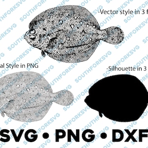 May include: Black and white line art illustration of a flatfish, also known as a flounder. The fish is facing left and has a slightly curved body. The illustration is in a vector style and is available in three formats: SVG, PNG, and DXF.