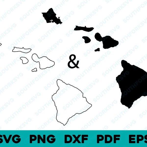 Hawaii Islands State Silhouette & Outline Shapes svg png dxf pdf eps vector graphic design cut engrave laser file image  map America