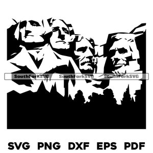 Puede incluir: Silueta en blanco y negro del Monumento Nacional del Monte Rushmore, con las caras talladas de cuatro presidentes de los Estados Unidos: George Washington, Thomas Jefferson, Theodore Roosevelt y Abraham Lincoln.
