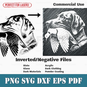 Op de afbeelding: Zwart-witte illustratie van een hond die een vogel in zijn bek draagt. De afbeelding is perfect voor lasersnijden en kan worden gebruikt voor een verscheidenheid aan projecten, waaronder interieurdecoratie, knutselen en geschenken.