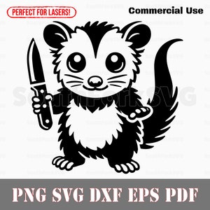 Gambá fofo bebê com uma faca svg png dxf eps pdf | design gráfico vetorial transparente corte impressão corante sub laser gravar arquivos uso comercial