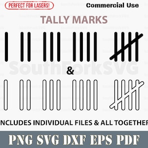 May include: Black and white tally marks, or hash marks, in various configurations. The marks are arranged in groups of five, with the fifth mark crossing the other four. The text "TALLY MARKS" is at the top of the image.