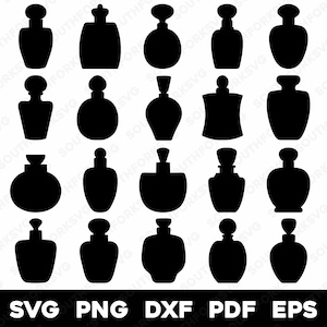 May include: A set of 20 black silhouette images of perfume bottles in various shapes and sizes. The images are perfect for crafting projects, digital design, or printing.