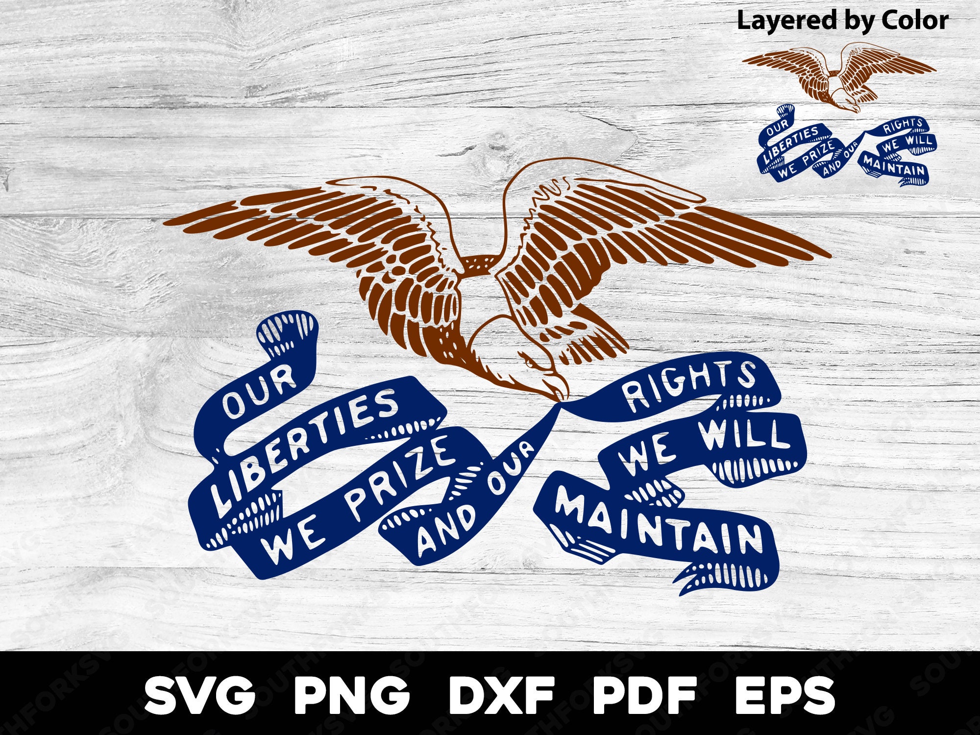 Iowa State Flag Eagle Crest | svg png dxf eps pdf | Layered by Color vector graphic design cut print dye sub laser digital files download