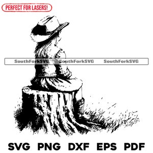 Petite cow-girl regardant des fichiers de gravure au laser svg png dxf eps pdf conception graphique vectorielle coupe impression sous fichiers numériques usage commercial