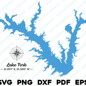 Lake Fork Texas Mapa Forma Silueta svg png dxf pdf eps vector diseño gráfico corte grabado archivo láser imagen ing canotaje casa del lago