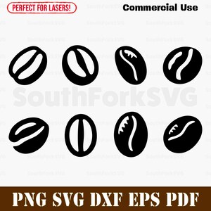Könnte beinhalten: Acht schwarz-weiße Illustrationen von Kaffeebohnen. Die Bohnen befinden sich in verschiedenen Positionen und haben unterschiedliche Formen.