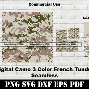 Peut inclure: Motif de camouflage numérique en trois couleurs : vert, marron et blanc. Le motif est sans couture et peut être utilisé pour divers projets. L’image comprend le texte « Commercial Use », « Layered » et « Digital Camo 3 Color French Tundra Seamless ».