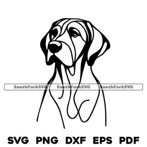 Pode incluir: Ilustração de arte de linha preta e branca de uma cabeça de cão Bloodhound. O cão está olhando para a direita da imagem.