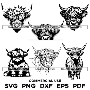 Pacote de vacas das terras altas svg png dxf eps pdf | design gráfico vetorial transparente corte impressão sublimação de tinta gravação a laser arquivos uso comercial