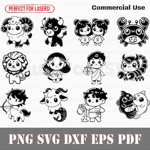 Ensemble complet du zodiaque Chibi mignon svg png dxf pdf eps | Conception graphique de vecteur impression découpée fichier laser sub laser utilisation commerciale