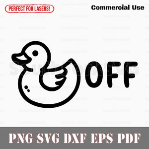 May include: Black and white line art illustration of a rubber ducky with the word "OFF" in bold, bubble letters.