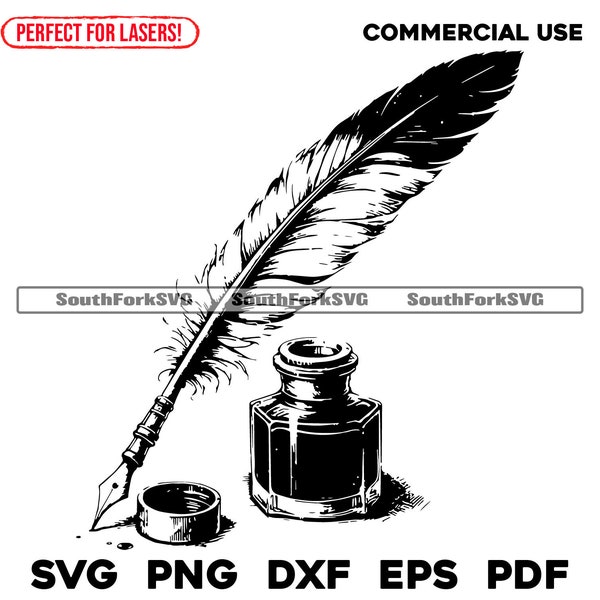 Laser Engrave Files Antique Feather Pen and Ink svg png dxf eps pdf | vector graphic cut print dye sub laser cnc files commercial use