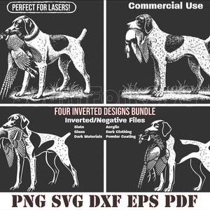 Op de afbeelding: Vier omgekeerde ontwerpen van een zwart-witte illustratie van een hond die een vogel in zijn bek draagt. De tekst "PERFECT FOR LASERS!" en "Commercial Use" staat bovenaan de afbeelding. De tekst "FOUR INVERTED DESIGNS BUNDLE" en "Inverted/Negative Files" staat in het midden van de afbeelding. De tekst "Slate, Glass, Dark Materials" en "Acrylic, Dark Clothing, Powder Coating" staat onder de tekst "Inverted/Negative Files". De tekst "PNG SVG DXF EPS PDF" staat onderaan de afbeelding.
