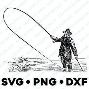 Fliegen Fischer Landung Forelle SVG PNG DXF Vektorgrafik Design Schnittdatei Silhouette Fliegenfischen Fliegen Fischköder Stange Forelle Lachs Bass
