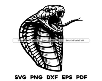 May include: Black and white line art illustration of a cobra snake with its mouth open and fangs showing. The snake is in a coiled position with its head raised.