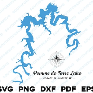 Pomme de Terre Lake Missouri carte forme Silhouette svg png dxf pdf eps conception graphique vectorielle coupe gravure fichier laser ing bateau maison du lac