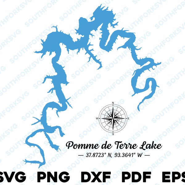 Pomme de Terre Lake Missouri Map Shape Silhouette svg png dxf pdf eps vector graphic design cut engraving laser file ing boating lake house