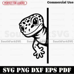 May include: Black and white gecko design peeking around a corner. The image includes the text "Commercial Use" and "SVG PNG DXF EPS PDF". The design is suitable for laser cutting.