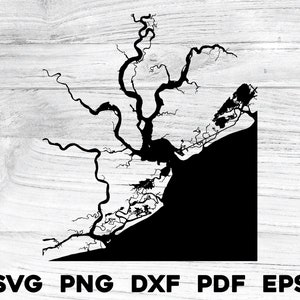 Charleston, SC, Caroline du Sud, océan, voies navigables, carte, forme, silhouette, contour, svg, png dxf, pdf, eps, vecteur, graphique, couper, graver, fichier laser