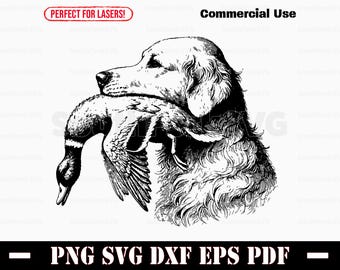 May include: Black and white illustration of a golden retriever retrieving a duck. The dog is holding the duck in its mouth and looking to the side. The image is perfect for use in crafts and projects.