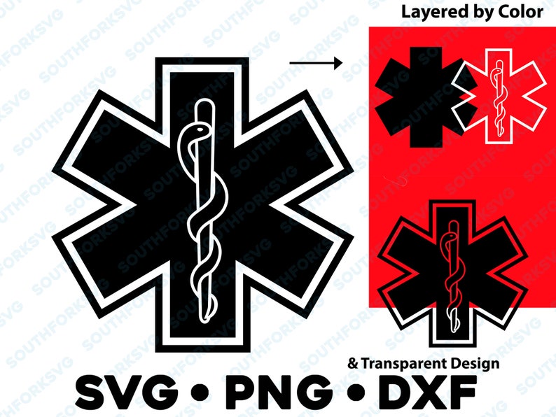 May include: Black and white layered design of a medical star of life symbol with a snake wrapped around a staff. The design is layered by colour and includes a red background.