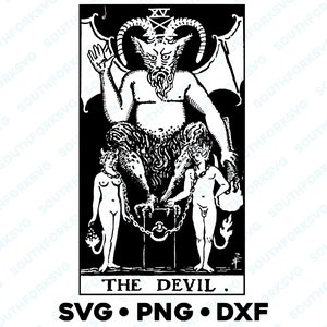 La carta del Tarot del Diablo Arcanos Mayores Rider Waite Deck SVG PNG DXF Fondo transparente / Imagen de diseño gráfico vectorial adivinatorio