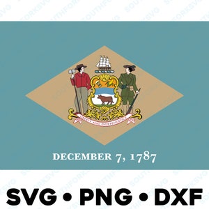 May include: The state flag of Delaware features a diamond-shaped design on a blue background. The diamond is tan with a coat of arms in the center. The coat of arms depicts a farmer, a soldier, a ship, a bull, and a scroll with the words "Liberty and Independence". The text "DECEMBER 7, 1787" is printed below the diamond.