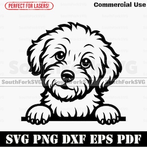 Puede incluir: Ilustración en blanco y negro de un perro con pelaje esponjoso, patas apoyadas en una barra horizontal. La imagen incluye el texto "SVG PNG DXF EPS PDF" y "Commercial Use".