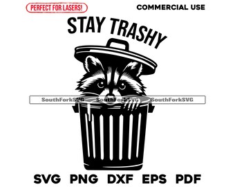 Fique Trashy Guaxinim na Lixeira svg png dxf eps pdf | design gráfico vetorial corte impressão corante sub laser gravar arquivos digitais uso comercial