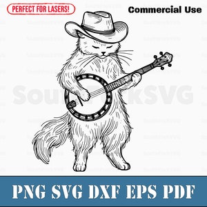 Kot grający na banjo svg png dxf eps pdf | pliki do druku wycinanego laserowo grafika wektorowa | natychmiastowe pobieranie do użytku komercyjnego
