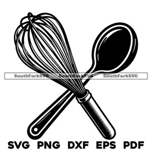 May include: Black and white illustration of a whisk and a spoon crossed over each other.