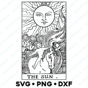 La carta del Tarot del Sol Mayor Arcana Rider Waite Deck SVG PNG DXF Fondo transparente / Imagen de diseño gráfico vectorial adivinatorio