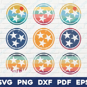 Retro en noodlijdende Tennessee State Tri Star-ontwerpbundel | svg png dxf eps pdf | Vintage TN-vlag vectorafbeelding knippen afdrukbestand illustraties