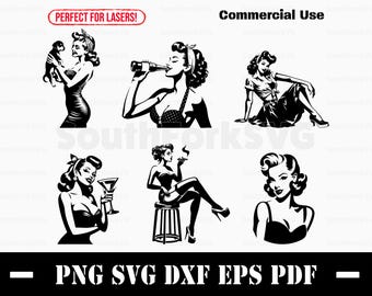 May include: Five black and white illustrations of women in various poses. One woman is holding a puppy, another is holding a glass of alcohol, another is holding a cigarette, another is holding a bottle of soda, and the last woman is sitting with her legs crossed.